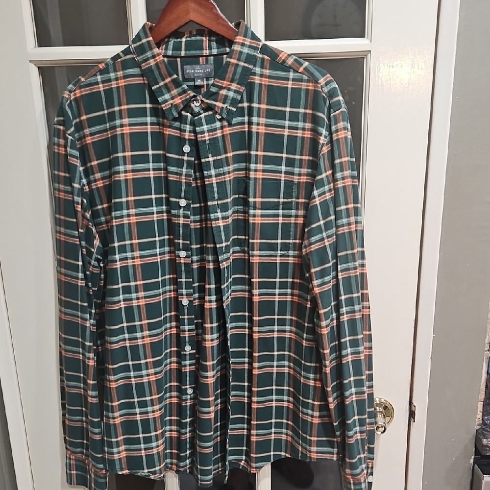 L.L. Bean Signature Series Green and Orange Casual Button Down Shirt XL Slim Fit
